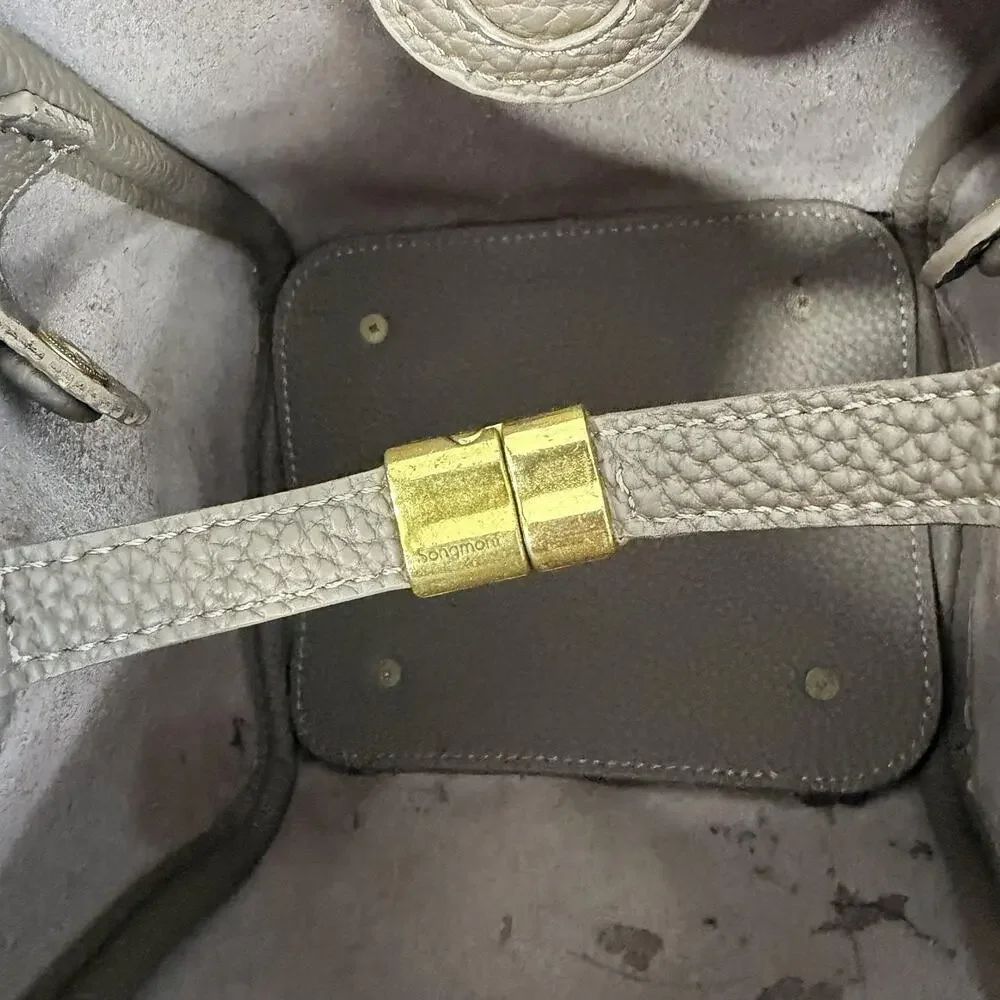 Songmont Mini Tote Bag in Taupe Pebbled Leather Top Handle Bucket Minimalist